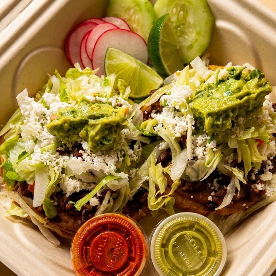 Two sopes topped with meat, lettuce, cheese, and guacamole, with sides of radish, cucumber, and lime.