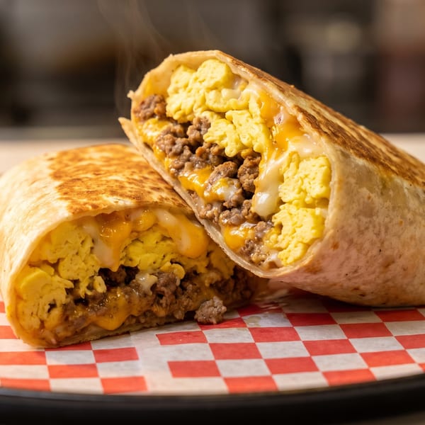 A breakfast burrito, cut in half, revealing scrambled eggs, sausage, and melted cheese on a checkered paper.