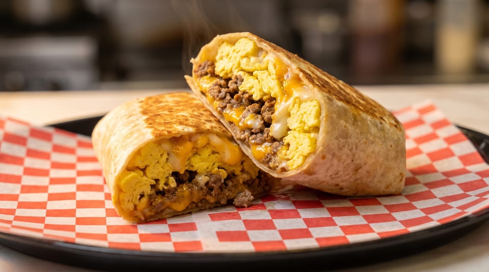 A breakfast burrito, cut in half, revealing scrambled eggs, sausage, and melted cheese on a checkered paper.