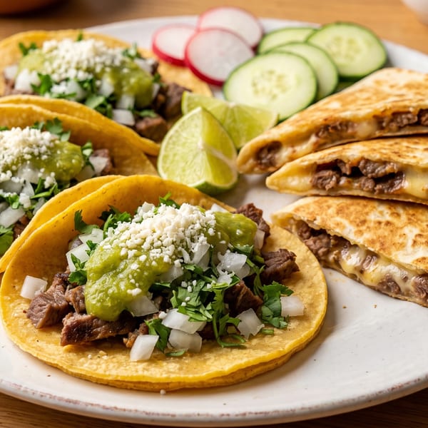 A plate of carne asada tacos and quesadillas with lime, radishes, and cucumbers.
