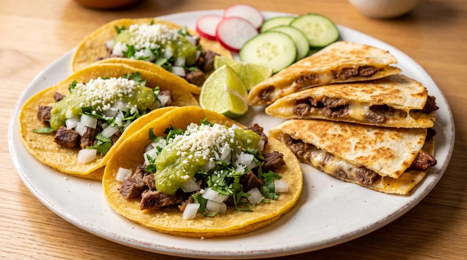 A plate of carne asada tacos and quesadillas with lime, radishes, and cucumbers.