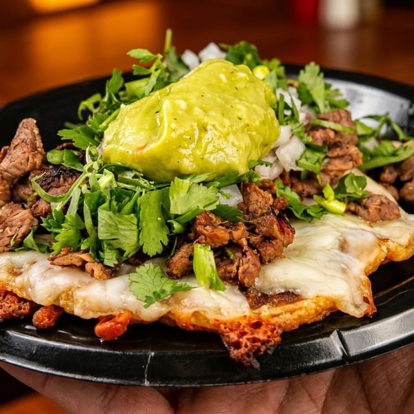 A hand holds a black plate with a cheesy taco topped with steak, guacamole, cilantro, and onions.