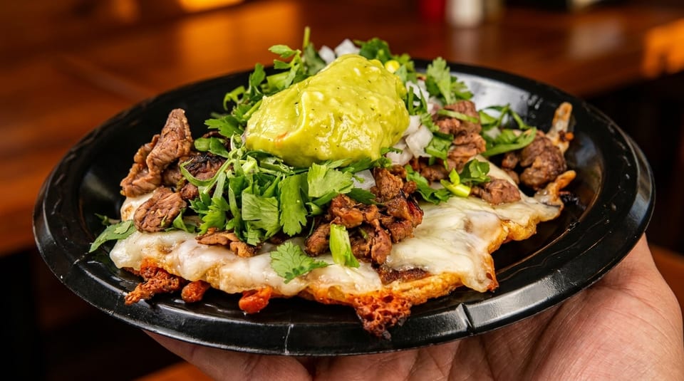 A hand holds a black plate with a cheesy taco topped with steak, guacamole, cilantro, and onions.